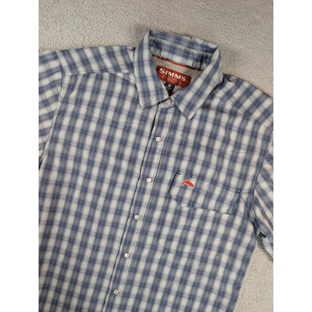 Simms Mens Blue Plaid Short Sleeve Vented Fishing Shirt Pearl Snap Small